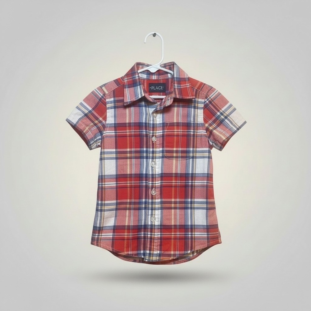 Childrens Place Boys Red Blue Plaid Short Sleeve Button Down Shirt Size XS 4